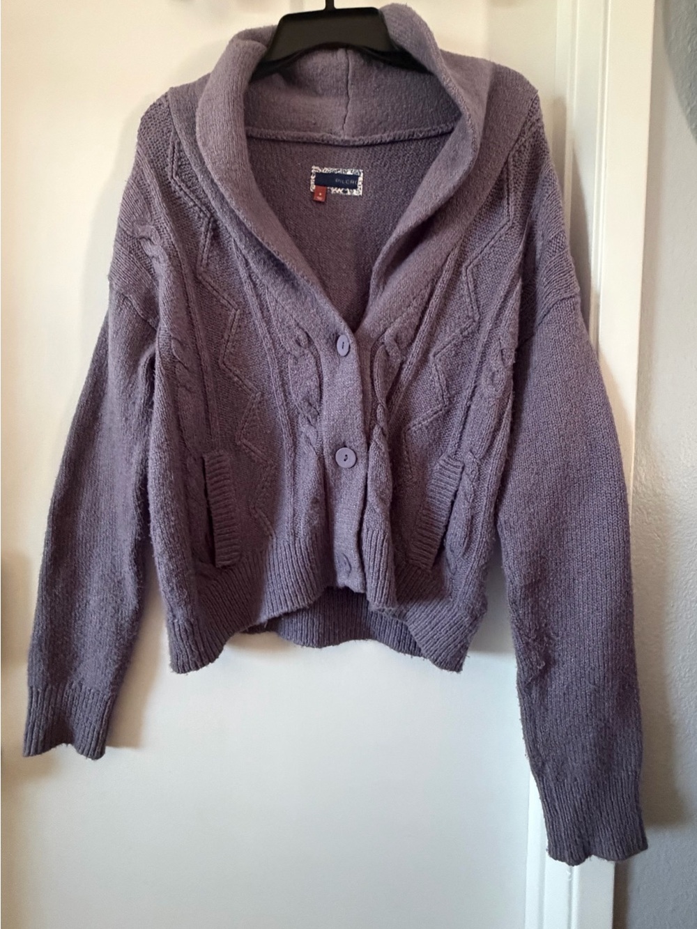 Pilcro Anthro Purple Chunky Knit Shawl Collar Cable Cardigan Sweater M